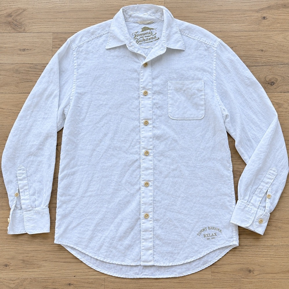 Tommy Bahama Relax Shirt Mens Medium White 100% Linen Long Sleeve Button Down